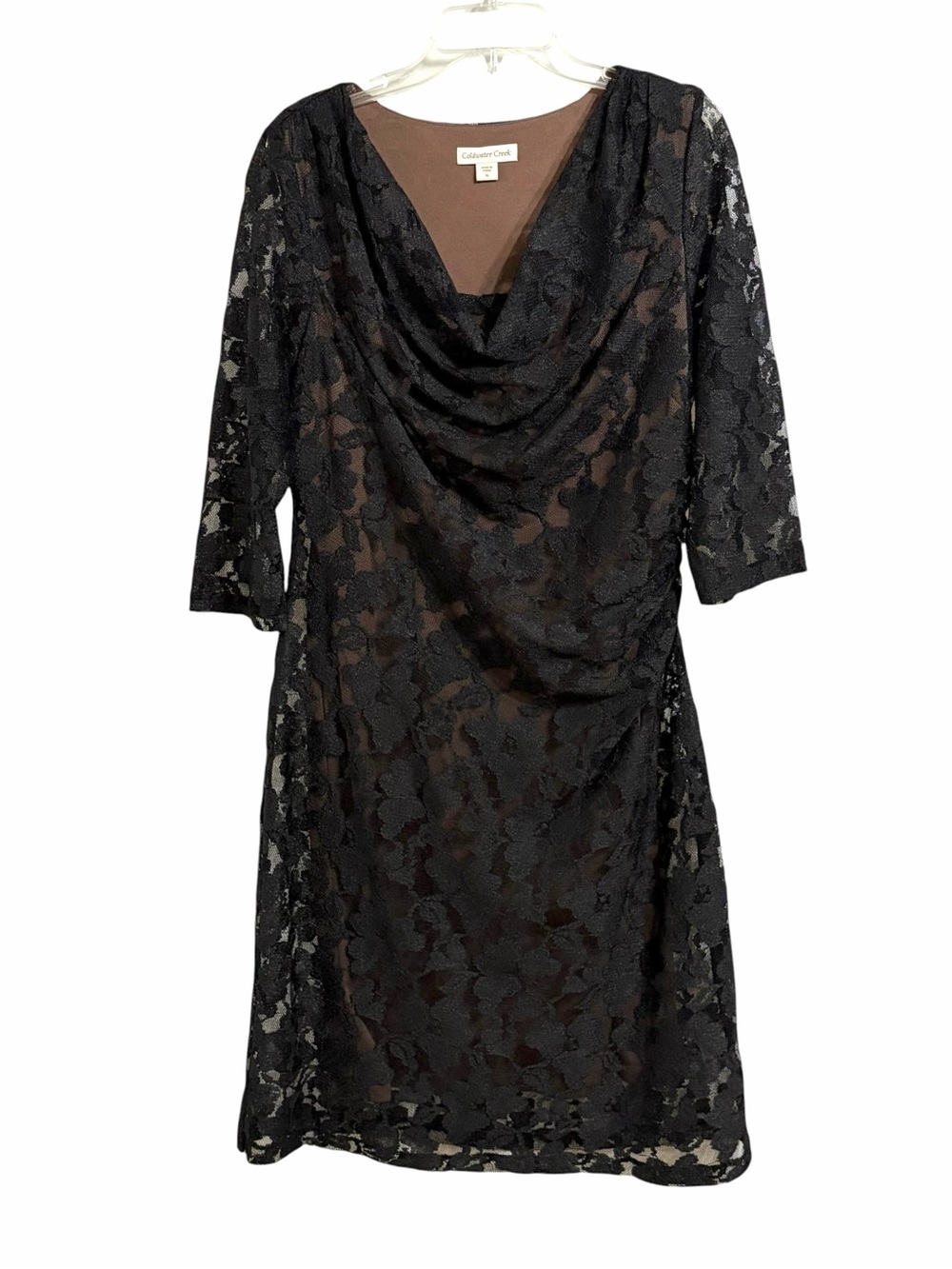 Coldwater Creek Floral Lace Cowl Neck Midi Dress 16 Black NWOT Ruched Elegant